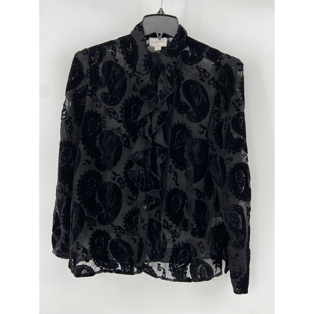 Vintage Velvet Burnout Blouse Womens 14 Ruffle Paisley Holiday Whimsy Goth Fairy